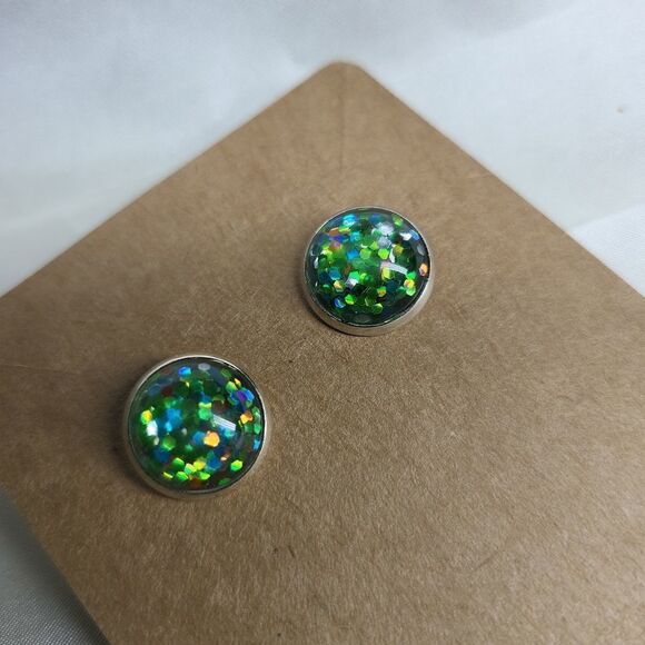𝅺2 Pair Druzy Quartz Sparkly Glitter Earrings Green & Purple in Silver Setting - Picture 2 of 8